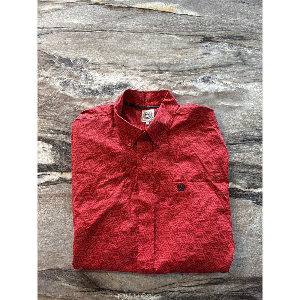 Cinch Mens Red Geometric Print Long Sleeve Button Down Shirt Size Large Cowboy